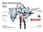  1girl aircraft airplane airplane_wing animal_ear_fluff animal_ears bag black_thighhighs blue_eyes boots breasts capelet chinese_text coat_of_arms commentary_request fighter_jet gloves highres large_breasts long_sleeves looking_at_viewer medium_hair military_vehicle original porcelainsphere remove_before_flight_tag rigging saab_viggen shirt shoulder_bag skirt tail thigh_strap thighhighs thighs tre_kronor white_hair white_shirt wolf_ears wolf_girl wolf_tail 