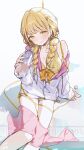  1girl :3 bikini blonde_hair bottle braid breasts closed_mouth commentary_request fujita_kotone gakuen_idolmaster hair_ornament hairclip highres holding holding_bottle idolmaster jacket light_blush long_hair looking_at_viewer low_twin_braids ningen_mame plaid_bikini plaid_clothes sidelocks simple_background small_breasts smile solo swimsuit towel twin_braids water_bottle white_background white_jacket yellow_bikini yellow_eyes 