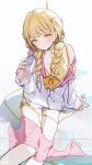  1girl :3 bikini blonde_hair bottle braid breasts closed_mouth commentary_request fujita_kotone gakuen_idolmaster hair_ornament hairclip highres holding holding_bottle idolmaster jacket light_blush long_hair looking_at_viewer low_twin_braids ningen_mame plaid_bikini plaid_clothes sidelocks simple_background small_breasts smile solo swimsuit towel twin_braids water_bottle white_background white_jacket yellow_bikini yellow_eyes 
