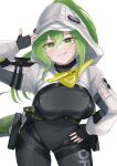  1girl absurdres arknights arknights:_endfield black_bodysuit black_gloves bodysuit breasts commentary cowboy_shot e20_(79324944) fingerless_gloves fluorite_(arknights) gloves green_eyes green_hair hair_through_hood hand_on_own_hip highres hood hood_up hooded_shrug large_breasts leaning_forward long_sleeves looking_at_viewer ponytail shrug_(clothing) simple_background smile snake_girl snake_tail solo tail white_background white_shrug 