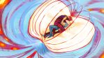  2boys abstract absurdres black_boots black_shirt blonde_hair blue_pants blue_shirt boots commentary_request denisefanta eustass_kid highres hug killer_(one_piece) long_hair male_focus multiple_boys one_piece pants red_hair ribbon shirt short_hair symbolism yaoi 