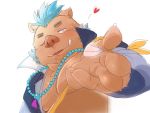  &lt;3 4:3 blowing_kiss blue_hair blush gouryou hair hi_res jewelry male mammal necklace nunutaro3 one_eye_closed overweight suid suina sus_(pig) tokyo_afterschool_summoners tusks video_games wild_boar wink 