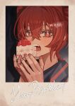  1girl absurdres ahoge bare_shoulders birthday cake cake_slice close-up detached_sleeves drill_hair fingernails food hair_between_eyes happy_birthday highres holding holding_food kasane_teto kasane_teto_(utau) leutchaft looking_at_viewer nail_polish open_mouth picture_frame pink_nails red_eyes red_hair teeth twin_drills utau 