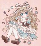 1girl absurdres alice's_adventures_in_wonderland alice_(alice_in_wonderland) animal apron blonde_hair blue_dress blue_eyes blush bow checkerboard_cookie chiko_(star_pocco) closed_mouth commentary_request cookie cup dot_nose dress dress_bow food frilled_apron frilled_dress frills full_body hair_ornament hair_ribbon highres holding holding_cup long_hair looking_at_viewer pantyhose pink_background rabbit ribbon short_sleeves simple_background sleeve_bow solo spoon striped_ribbon sugar_cube teacup watermark wavy_hair white_apron white_pantyhose white_ribbon x_hair_ornament 