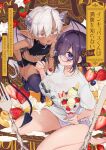  1boy 1girl age_difference black_hair blue-framed_eyewear breasts cherry commentary_request demon_boy demon_horns demon_tail demon_wings earrings food fork fruit glasses hair_between_eyes hair_over_one_eye highres holding holding_spoon horns jewelry knife morishima_kon navel onee-shota original panties parfait pointy_ears purple_eyes red_eyes shirt spoon strawberry sweat tail thighhighs underwear white_hair white_shirt wings 