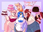 2_horns 4_claws 4_fingers ailurid anthro barbel_(anatomy) beanie belly big_belly big_breasts biped birthday blue_bottomwear blue_clothing blue_hair blue_shorts bottomless bottomless_anthro bottomless_female bottomwear breasts brown_body brown_countershading butt button_(fastener) cake candy canid canine canis cherry_jubilee_(strawberrymilkdog) chest_markings chihuahua chocolate chocolate_cake claws cleavage clothed clothed_anthro clothed_female clothing colored_fire countershade_face countershade_fur countershade_hands countershade_legs countershade_neck countershade_thighs countershade_torso countershading curly_hair daiquiri_(strawberrymilkdog) denim denim_bottomwear denim_clothing denim_shorts dessert dipstick_ears domestic_dog dragon ear_markings eyewear facial_markings featureless_crotch feederism female female/female female_anthro fingers fire flesh_whiskers floppy_ears fluffy fluffy_tail flustered food fur furred_dragon furred_scalie glasses gloves_(marking) glowie_(doughieglowie) grey_beanie grey_bottomwear grey_clothing grey_hat grey_headwear grey_pants group hair happy_birthday hat head_markings headgear headwear heart_(marking) hi_res holding_cake holding_food holding_object horn jacket leg_markings looking_at_another looking_at_partner magic magic_user mammal markings mask_(marking) multicolored_ears mythological_creature mythological_scalie mythology navel obese obese_anthro obese_female off_shoulder orange_body orange_fur orange_text overweight overweight_anthro overweight_female pants partially_clothed partially_clothed_anthro partially_clothed_female pink_body pink_countershading pink_fur pink_hair pink_horn pink_text procyonid purple_fire raccoon red_body red_fur red_hair red_magic red_panda red_text round_glasses scalie shirt shorts socks_(marking) standing stated_age strawberrymilkdog striped_hair striped_markings striped_tail stripes t-shirt taffy_(strawberrymilkdog) tail tail_markings tear_(marking) telekinesis text thick_thighs topwear toy_dog tuft wavy_hair white_body white_clothing white_countershading white_dress_shirt white_ears white_jacket white_markings white_shirt white_stripes white_t-shirt white_topwear