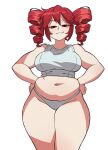  1girl :3 artist_name belly commentary drill_hair english_commentary hair_between_eyes hands_on_own_hips highres kasane_teto long_hair looking_at_viewer midriff navel panties parta_228 plump red_eyes red_hair simple_background smile smug solo sports_bra straight-on thick_thighs thighs twin_drills twintails underwear utau white_background white_panties 