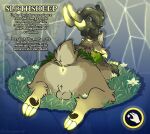 absurd_res antlers anus backsack balls big_butt butt claws fantasy_creature feral flower genitals genshin_impact glowing glowing_anus glowing_eyes glowing_horn grass green_body hi_res horn long_ears looking_at_viewer looking_back looking_back_at_viewer male mihoyo paws plant presenting simple_background slothsheep_(genshin_impact) solo text_box woogigooie