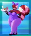 4_claws 4_fingers ailurid alcohol anthro arm_tuft bare_shoulders belly beverage biped black_claws black_clothing black_eyeshadow black_footwear black_high_heels blue_background blue_border border brown_markings brown_tuft bunny_costume champagne cheek_tuft cherry_jubilee_(strawberrymilkdog) claws clothing collar costume countershade_fur countershade_hands countershading easter elbow_tuft eyebrows eyeshadow facial_markings facial_tuft fake_ears fake_rabbit_ears female female_anthro finger_claws fingers fluffy fluffy_tail footwear fur fur_tuft gloves_(marking) green_eyes hair hair_over_eye hand_on_hip head_markings hi_res high_heels holidays legwear leotard makeup mammal markings overweight overweight_anthro overweight_female pinup pose purple_clothing purple_collar purple_legwear purple_leotard red_body red_fur red_hair red_panda red_stripes red_tail red_tuft serving_tray shirt_cuffs shoes simple_background solo standing strawberrymilkdog striped_markings striped_tail stripes tail tail_markings tear_(marking) thick_thighs tuft watermark white_body white_countershading white_eyebrows white_markings white_stripes