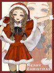  1girl alternate_costume alternate_hairstyle braid brown_hair dress eyelashes gnosia hair_between_eyes hat highres hjm_gn kukrushka_(gnosia) long_hair long_sleeves looking_at_viewer low_twin_braids santa_costume santa_dress santa_hat smile solo twin_braids wavy_hair 