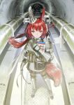  1girl animal_ears arknights armor bright_pupils brown_eyes closed_mouth ear_tag flametail_(arknights) full_body gambeson gauntlets hand_on_own_chest hand_up highres kuthi0510 long_hair looking_at_viewer red_hair red_tail solo squirrel_ears squirrel_girl squirrel_tail standing tail tunnel vanishing_point white_pupils 