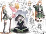  2boys 5girls ? absurdres amputee armor bandaged_arm bandages barefoot black_dress black_hat blonde_hair braid breastplate brown_thighhighs creepypasta dress english_text green_skirt hat highres holding holding_sword holding_weapon knight long_hair mimi_(popopoka) mole mole_under_eye multiple_boys multiple_girls nipples original pleated_skirt popopoka quadruple_amputee short_hair skinny skirt speech_bubble spoken_question_mark sword thighhighs twintails weapon white_background witch_hat zettai_ryouiki 
