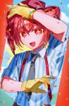 +_+ 1girl :d arm_up bare_arms black_necktie blue_shirt blue_sky blurry blurry_edges blurry_foreground bright_pupils cloud collared_shirt colored_eyelashes commentary_request confetti day double-parted_bangs drill_hair eyes_visible_through_hair flat_chest gloves grass hair_between_eyes hand_on_own_head hat highres kasane_teto kurobarashan mesmerizer_(vocaloid) necktie open_mouth outdoors pants red_eyes red_hair red_hat red_pants shirt short_sleeves sidelocks sky smile solo standing striped_clothes striped_shirt suspenders sweatdrop tongue tsurime twin_drills two-tone_shirt upper_body utau vertical-striped_clothes vertical-striped_shirt white_pupils white_shirt yellow_gloves 