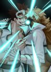  2boys absurdres arrancar bleach blonde_hair commentary_request denisefanta eustass_kid glowing grin highres hollow_body killer_(one_piece) long_hair long_sleeves male_focus multiple_boys one_piece orange_eyes red_hair short_hair smile upper_body very_long_hair 