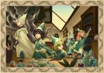  1boy 4girls absurdres agott_arklaum_(tongari_boushi_no_atelier) beaker black_hair blonde_hair blue_eyes bookshelf cloak coco_(tongari_boushi_no_atelier) commentary english_commentary hat hat_tassel highres multiple_girls pink_eyes pink_hair potion purple_eyes qifrey's_atelier_apprentice_uniform qifrey_(tongari_boushi_no_atelier) quill richeh_(tongari_boushi_no_atelier) tetia_(tongari_boushi_no_atelier) tongari_boushi_no_atelier vhoudk white_hair wizard_hat workshop yellow_eyes 
