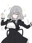  >:) 1girl ^_^ assault_lily beamed_eighth_notes black_ribbon black_skirt breasts buttons closed_eyes closed_mouth cowboy_shot cropped_jacket dancing eighth_note frilled_skirt frills grey_hair hair_between_eyes hands_up hata_matsuri high-waist_skirt highres juliet_sleeves kimassi large_breasts long_sleeves medium_hair motion_lines musical_note neck_ribbon puffy_sleeves ribbon school_uniform shirt simple_background skirt smile solo sparkle standing v-shaped_eyebrows white_background white_shirt yurigaoka_girls_academy_school_uniform 