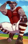 2026 2_horns adam's_apple anthro arm_hair ball baseball_(ball) baseball_(sport) baseball_field baseball_glove baseball_uniform biceps big_muscles biped black_eyebrows black_horn black_nose blue_sky bodily_fluids body_hair bottomwear bovid bovid_horn brown_body brown_clothing brown_fur brown_gloves brown_hair brown_handwear bulge butt calf_muscles caprine caprine_horn cheek_tuft closed_smile clothed clothed_anthro clothed_male clothing cloud crouching curled_horn day detailed_background detailed_bulge digital_media_(artwork) dipstick_ears ear_markings ear_piercing english_text eyebrows facial_hair facial_tuft footwear forearm_muscles forked_tongue front_view full-length_portrait fully_clothed fully_clothed_anthro fully_clothed_male fur glistening glistening_body glistening_fur gloves hair hand_on_knee hand_on_leg handwear happy_trail hat head_horn headgear headwear hi_res holding_clothing holding_hat holding_headgear holding_headwear holding_object horn knee_highs knee_socks legwear licking licking_lips looking_at_viewer low-angle_view male mammal mouth_closed multicolored_clothing multicolored_ears multicolored_footwear multicolored_gloves multicolored_handwear multicolored_headwear multicolored_shirt multicolored_shoes multicolored_topwear muscular muscular_anthro muscular_legs muscular_male navel nipple_outline outside pants pattern_clothing pattern_footwear pattern_legwear pattern_socks pecs piercing plantigrade portrait purtropos quads raised_arm raised_heel ram_horn red_clothing red_footwear red_gloves red_handwear red_headwear red_shirt red_socks red_topwear saliva saliva_on_tongue sheep shirt shoes short_hair signature sky smile smiling_at_viewer sneakers socks solo sport sportswear spread_legs spreading striped_clothing striped_footwear striped_socks stripes stubble sweat sweaty_armpit sweaty_clothing sweaty_topwear text text_on_clothing thick_thighs tight_bottomwear tight_clothing tight_pants tongue tongue_out topwear triceps tuft two_tone_clothing two_tone_shirt two_tone_topwear uniform visor_cap white_bottomwear white_clothing white_footwear white_gloves white_handwear white_headwear white_pants white_shirt white_socks white_topwear worm's-eye_view