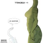  anthro big_breasts boa_(snake) breasts claws digital_drawing_(artwork) digital_media_(artwork) duo espectro111222 female film_grain hi_res legless non-mammal_breasts nude prehistoric_species reptile scales scalie serpentine simple_background smile snake tail text thinking thought_bubble thoughtful_expression titanoboa 