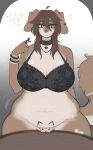 absurd_res anthro belly big_breasts blush bodily_fluids bra bracelet breasts brie_(iwaiz) canid canine canis caucasian_mountain_dog choker claws clothing domestic_dog female floppy_ears fluffy fluffy_tail furniture genital_fluids genitals green_eyes hair heart_symbol herding_dog hi_res huge_breasts huge_hips iwaiz jewelry laced_bra livestock_guardian_dog looking_away mammal marker markings mature_female mole_(marking) molosser mountain_dog navel necklace overweight pastoral_dog piercing pink_vulva short_hair shy slightly_chubby slightly_chubby_anthro slightly_chubby_female solo table tail underwear vaginal_fluids vulva wide_hips