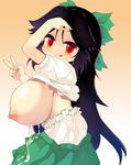  1girl :q areolae arm_up breasts breasts_outside cum hair_ornament huge_breasts kedamono_kangoku-tou long_hair nipples purple_hair red_eyes reiuji_utsuho shiny shiny_skin smile tongue tongue_out touhou utsuho_reiuji v 