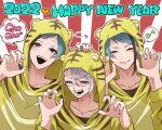  2022 3boys animal_costume animal_hood animal_print blue_eyes blue_hair chinese_zodiac claw_pose commentary_request cosplay dated english_text gao glasses green_eyes hands_up happy_new_year headpat heterochromia highres hood hood_up kigurumi male_focus mitsuro_illust multiple_boys octavinelle_dorm red_background sharp_teeth short_hair sunburst sunburst_background teeth tiger_costume tiger_hood tiger_print twisted_wonderland upper_body white_background year_of_the_tiger yellow_eyes 