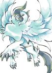  absol absurdres bright_pupils claws commentary_request feathered_wings hair_over_one_eye highres horns mega_absol mega_pokemon no_humans ohayou_milk pokemon pokemon_(creature) pokemon_focus red_eyes simple_background solo white_background white_pupils wings 
