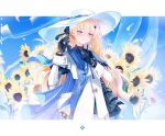  1girl black_gloves black_ribbon black_shirt blonde_hair blue_cape blue_gem blue_sky border buttons cape chain closed_mouth cloud cloudy_sky commentary cowboy_shot day flower gem gloves gold_chain hair_ornament hair_ribbon hands_up hat highres jacket jewelry leaf long_hair long_sleeves looking_to_the_side outdoors outside_border pendant phoebe_(wuthering_waves) rebecca59118221 ribbon shirt sky smile solo standing striped_cape striped_ribbon sun_hat sunflower tassel v wavy_hair white_border white_hat white_jacket wuthering_waves x_hair_ornament yellow_flower youkai_watch 