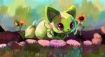  :3 animal_focus cat cat_loaf closed_mouth flower full_body garden green_fur looking_at_viewer no_humans outdoors pokemon pokemon_(creature) pokemon_focus sifyro simple_background solo sprigatito sunflower yellow_flower 