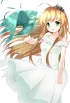  1girl :d ahoge alternate_costume arm_at_side bare_shoulders bird bird_on_hand blush braid breasts brown_hair collarbone commentary_request cowboy_shot dress falling_feathers feathers floating_clothes floating_hair frilled_dress frills green_bird green_eyes hair_between_eyes hand_up head_wreath kanbe_kotori leaf long_hair looking_at_viewer medium_breasts off-shoulder_dress off_shoulder open_mouth rewrite sidelocks simple_background smile solo sundress tagame_(tagamecat) twin_braids very_long_hair white_background white_dress 