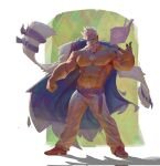  1boy abs armpits bara beard biceps book brown_shoes dislyte facial_hair floating floating_book floating_object highres jacket jewelry looking_at_viewer male_focus multiple_rings muscular muscular_male navel nipples obsiang pants pectorals pritzker_(mimir)_(dislyte) ring shoes topless_male unfinished white_hair white_jacket white_pants 