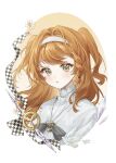  1girl aged_down bird black_bow black_bowtie border bow bowtie braid braided_sidelock checkered_hairband chinese_commentary commentary_request dress flower glass_pen green_eyes hairband highres long_hair mao_(1642598405) orange_hair oval_border parted_lips portrait reverse:1999 solo sonetto_(reverse:1999) two_side_up unworn_hairband white_bird white_border white_dress white_flower white_hairband yellow_background 