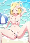  1girl ;p anus anus_peek ball beach beachball bikini blonde_hair blush braid breasts breasts_out commentary_request commission crown_braid highres large_breasts looking_at_viewer love_live! love_live!_sunshine!! micro_bikini navel nipples ohara_mari one_eye_closed partially_visible_vulva pixiv_commission pussy sakamata_(sakamata4) shore short_hair solo split spread_legs swimsuit tongue tongue_out wardrobe_malfunction white_bikini yellow_eyes 