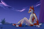 2025 anthro artist_logo artist_name bodily_fluids canid canine canis casual_nudity casual_urination cosmic_background flaccid fur genital_fluids genitals grass humanoid_genitalia humanoid_penis logo looking_at_viewer male mammal multicolored_body multicolored_fur nude peeing peeing_on_ground penis plant red_body red_fur red_wolf relaxing rock shyminstrel sitting sitting_on_ground sky solo star starry_sky starscape text tree urine urine_on_ground white_body white_fur wolf yellow_eyes yellow_sclera