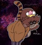  anthro bent_over breasts butt cartoon_network clothing crossgender crown dialogue digital_media_(artwork) english_text eyelashes female fur gloves hair handwear headgear hi_res legwear looking_at_viewer looking_back mammal mario_bros mtf_crossgender narrowed_eyes nintendo procyonid raccoon regular_show rigbette_(benson_dancing) rigby_(regular_show) solo stockings super_crown tail talking_to_viewer text voidsdroids 
