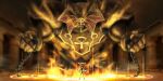  1boy absurdres ankh arm_up aura card chain clenched_hands colored_sclera colored_skin duel_monster energy exodia_the_forbidden_one facial_mark floating floating_card forehead_mark glowing glowing_eye glowing_eyes highres jacket looking_at_viewer magic_circle red_eyes spiked_hair standing summoning teeth thomas_pak yami_yugi yu-gi-oh! yu-gi-oh!_duel_monsters 