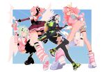  4girls absurdres anby_demara aria_(discordant_note)_(zenless_zone_zero) aria_(zenless_zone_zero) arm_warmers ass bag bare_shoulders black_bridal_gauntlets black_gloves black_skirt black_thighhighs blue_background blue_eyes blue_shorts border bow_(weapon) breasts bridal_gauntlets cinnie_kinnie closed_mouth denim denim_shorts denim_vest fingerless_gloves fur-trimmed_shorts fur-trimmed_skirt fur-trimmed_vest fur_trim gloves green_eyes green_hair green_shorts grey_hair headphones highres holding holding_bow_(weapon) holding_megaphone holding_sword holding_weapon large_breasts leg_warmers long_hair looking_at_viewer megaphone multiple_girls necktie nicole_demara nicole_demara_(cunning_cutie) official_alternate_costume orange_eyes pink_arm_warmers pink_bag pink_hair pink_leg_warmers pink_shoes pink_tube_top quad_tails red_necktie ribbon shirt shoes shorts skirt sneakers strapless striped_arm_warmers striped_leg_warmers sunna_(zenless_zone_zero) sword thigh_strap thighhighs tube_top two_side_up vest weapon white_border white_shirt white_wings winged_bag wings yellow_ribbon zenless_zone_zero 
