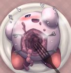  &lt;3 disembowelment dissection fork gore gorn intestines japanese_text kirby kirby_(series) male text unknown_artist what 