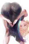  1girl amen_pose_(meme) artist_name ass ass_focus bent_over black_dress blonde_hair commentary dress green_eyes highres honkai_(series) honkai_impact_3rd long_hair meme nyeppu simple_background smile solo songque songque_(astralop) untranslatable_commentary white_background 