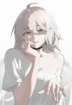  1girl ahoge black_choker breasts choker collarbone commentary cropped_torso earrings english_commentary eyelashes fate/grand_order fate_(series) fingernails hair_between_eyes hand_on_own_face hands_up highres jeanne_d'arc_alter_(fate) jewelry large_breasts lips long_hair looking_at_viewer pale_skin shirt short_sleeves simple_background single_bare_shoulder smile solo t-shirt teeth thorn_(kmconceptart) upper_body very_long_hair wavy_hair white_background white_hair white_shirt yellow_eyes 