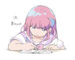  arm_rest blue_hair bow bowtie commentary_request crescent crescent_hair_ornament dot_nose hair_ornament holding holding_pen idche_gaoji light_smile long_hair mahou_no_shimai_lulutto_lilly nonoyama_rui notebook pen pink_bow pink_bowtie pink_hair pink_sailor_collar sailor_collar school_uniform serafuku shirt short_sleeves solo straight_hair translation_request upper_body white_shirt writing 