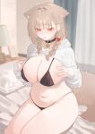 1girl animal_ear_fluff animal_ears bed bikini black_bikini braid breasts colored_inner_hair commentary_request curtains earrings extra_ears fox_ears fox_girl fox_tail highres huge_breasts indoors jewelry long_hair mayu_shirasaki multicolored_hair navel on_bed original pillow red_eyes sideboob sitting solo sorotu stomach swimsuit tail thighs underwear 
