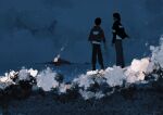  2boys blue_theme commentary dark disco_elysium from_behind full_body harry_du_bois highres jacket kim_kitsuragi male_focus matching_outfits multiple_boys night short_hair sky skyline standing star_(sky) starry_sky xianyu_chuan 