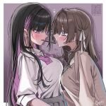  2girls blush bow bowtie breasts brown_hair commentary_request eye_contact face-to-face highres long_hair long_sleeves looking_at_another multicolored_hair multiple_girls necktie original pink_bow school_uniform shirt skirt white_shirt yuri yuuyu_(moco20111115) 