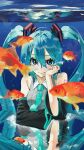  1girl aqua_hair aqua_necktie arm_rest bare_shoulders black_sleeves blue_eyes blue_hair blush closed_mouth collared_shirt commentary_request detached_sleeves double-parted_bangs fish fish_tank goldfish grey_shirt hair_between_eyes hatsune_miku head_on_hand head_rest highres long_hair looking_at_viewer necktie nirai_(i529112) number_tattoo reflection shirt shoulder_tattoo sleeveless sleeveless_shirt smile solo tattoo twintails underwater very_long_hair vocaloid water 