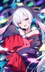  1girl absurdres bare_shoulders blue_eyes blurry blurry_background cho_kaguya-hime! collarbone colored_inner_hair commentary_request criss-cross_halter depth_of_field fish flying_fish fushi_(cho_kaguya-hime!) grey_hair hair_ornament hair_rings hair_stick halterneck highres japanese_clothes kimono long_hair looking_at_viewer miy@ multicolored_eyes multicolored_hair off_shoulder open_mouth pink_hair purple_eyes purple_kimono runami_yachiyo sleeves_past_fingers sleeves_past_wrists smile swept_bangs teeth thick_eyebrows twintails two-tone_eyes umbrella_octopus upper_teeth_only virtual_youtuber watermark wide_sleeves 