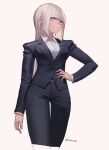  1girl black_jacket black_pants black_suit blue_eyes business_suit collared_shirt formal_clothes highres hikareki hime_cut jacket office_lady original pant_suit pants secretary shirt suit suit_jacket suit_pants white_background white_hair white_shirt wing_collar 