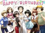  3boys 5girls :3 adam's_apple akiha_rumiho amane_suzuha animal_ears apron arm_belt baseball_cap beard_stubble belt bike_shorts bike_shorts_under_skirt black_dress black_hair black_ribbon black_shirt black_shorts blue_dress blue_eyes blue_jacket blue_pants blush braid breasts brown_eyes brown_hair brown_jacket brown_pants brown_pantyhose cat_ears clenched_hands closed_eyes closed_mouth coat collarbone collared_shirt commentary_request confetti cowboy_shot crew_neck crossed_arms denim down_jacket dress drill_hair everyone facial_hair fake_animal_ears fang fat fat_man flustered frilled_wristband green_eyes grey_shirt hair_ornament hair_slicked_back hairclip hands_on_own_hips hands_up happy_birthday hashida_itaru hat height_difference highres holding holding_party_popper jacket jeans kiryuu_moeka lapels long_hair long_sleeves looking_at_another low_twin_braids maid maid_headdress makise_kurisu medium_breasts midriff_peek mori_no_oyatsu motion_lines multiple_boys multiple_girls necktie okabe_rintarou open_clothes open_coat open_mouth orange_eyes outstretched_arms pants pantyhose party_popper pink_hair pleated_skirt pocket puffy_short_sleeves puffy_sleeves pushing_away rectangular_eyewear red_necktie red_pants red_ribbon ribbon science_adventure shiina_mayuri shirt short_hair short_shorts short_sleeves shorts sidelocks skirt skull smile standing steins;gate string_of_flags stubble sweat trap twin_braids twintails urushibara_luka v-shaped_eyebrows very_long_hair very_short_hair waist_apron white_apron white_background white_shirt wrist_ribbon yaoi yellow_hat zipper 