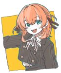  1girl :d aqua_eyes blush border brown_ribbon buttons collared_shirt commentary_request cropped_jacket cropped_torso double-breasted fortune_movie_(love_live!) grey_jacket hair_intakes hair_ribbon hase_(hasssssssse) highres hinoshita_kaho jacket link!_like!_love_live! long_sleeves looking_at_viewer love_live! medium_hair neck_ribbon open_mouth orange_hair outside_border outstretched_arm ribbed_jacket ribbon shirt simple_background smile solo striped_ribbon teeth upper_body upper_teeth_only virtual_youtuber white_border white_shirt yellow_background 