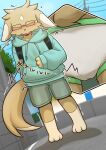 2025 3_toes absurd_res angle_view anthro backpack backpack_strap bar_emanata blue_bottomwear blue_clothing blue_hoodie blue_shorts blue_topwear blush bottomwear clothing cutaway dipstick_tail drawstring_topwear emanata endoudouhu eyes_closed eyewear feet fur glasses hand_on_belly hi_res hoodie japanese_text low-angle_view male mammal markings multicolored_body multicolored_fur open_mouth outside plant power_lines rear_view shorts solo sound_effects standing standing_on_toes tail tail_markings tan_body tan_fur text toes topwear tree two_tone_body two_tone_fur underwear walking white_body white_fur white_tail_tip