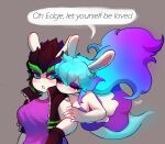  2022 5_fingers anthro artist_name bangs belt big_breasts black_clothing black_gloves black_hair black_handwear black_jacket black_topwear blue_body blue_eyes blue_hair blush breasts cleavage clothed clothed_anthro clothed_female clothing colored crossover dialogue digital_drawing_(artwork) digital_media_(artwork) dress duo edge_(mario_plus_rabbids) english_description english_text eyebrows eyelashes female female/female female_anthro fingers flying fur ghost gloom_arts gloves green_belt green_eyebrows green_hair grey_background hair half-closed_eyes hand_on_arm handwear hi_res hybrid jacket lagomorph legless lidded_eyes light lighting lips long_ears long_eyelashes long_hair looking_at_another looking_at_partner mammal mario_bros mario_plus_rabbids_sparks_of_hope midnite_(mario_plus_rabbids) mouthless multicolored_hair name_drop name_in_dialogue narrowed_eyes nintendo noseless one_eye_closed open_belt open_clothing open_jacket open_mouth open_topwear pawpads purple_clothing purple_dress purple_eyelids purple_eyes purple_hair purple_shirt purple_topwear rabbid raving_rabbids rayman_(series) shaded shirt short_hair simple_background speech_bubble spiky_hair spirit standing talking_to_another tan_body tan_inner_ear tan_lips tan_pawpads tan_skin text thick_eyebrows topwear torn_clothing torn_shirt torn_topwear two_tone_hair ubisoft white_body white_fur white_mouth zipper_down 